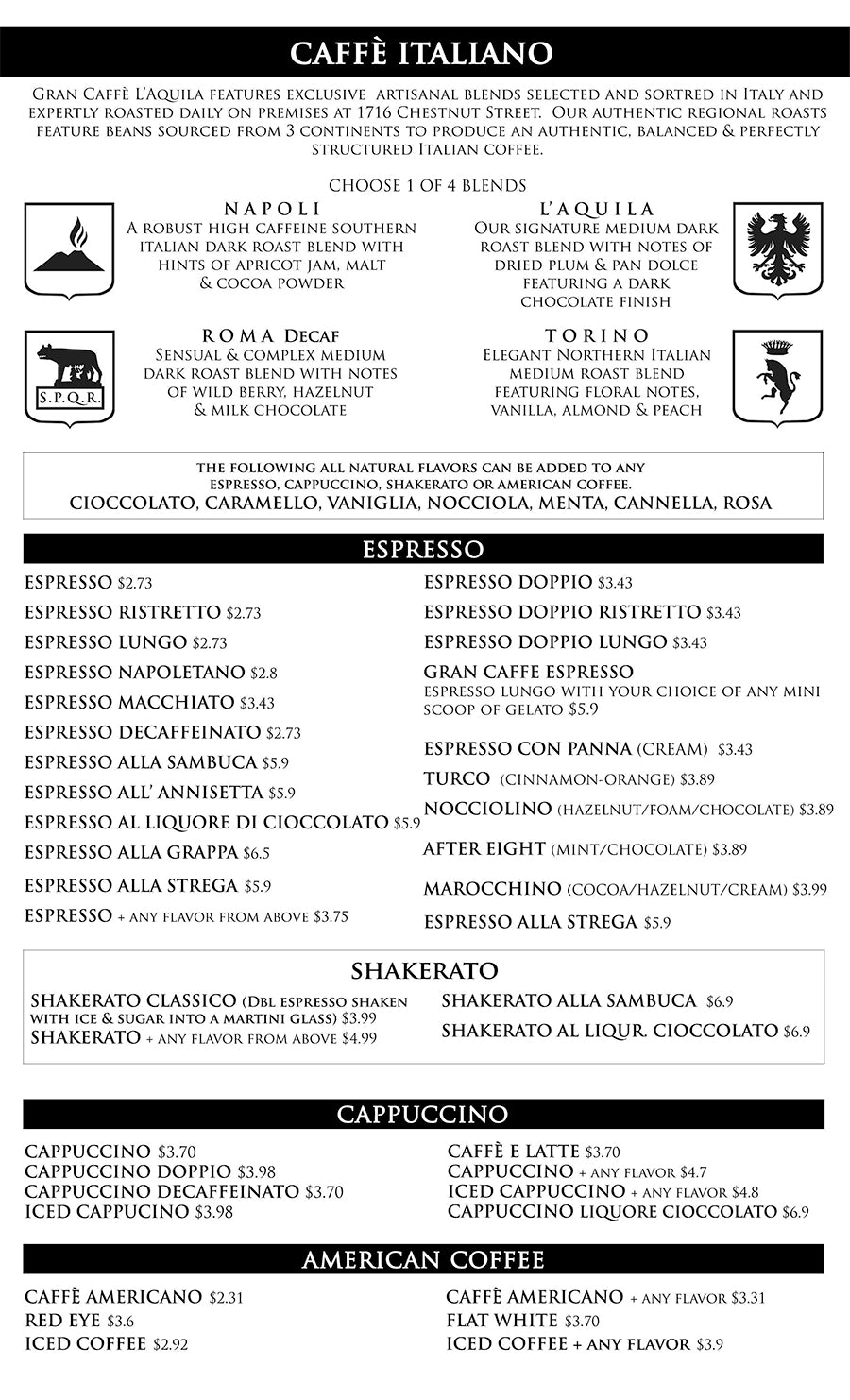 Gran Caffe Caffe Menu